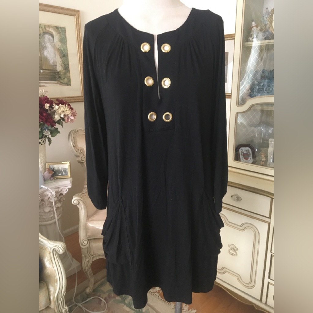 St Tropez West Womens Black Tunic Side Pockets V Neck Gold Grommets Size M